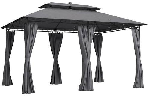 Outsunny Pavillon mit Doppeldach, Solar-LED, 4x3 m Wasserabweisend Stabil Winterfest Gartenpavillon mit Seitenteile, Garten-Pavillon aus Metall, für Garten, Terrasse, Dunkelgrau