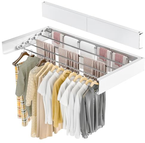 GROWNEER 100 cm x 40 cm x 10cm Wall Mounted Clothes Airer Retractable Foldaway Laundry Clothes Drying Rack 30kg Capacity With 5 Rods for Indoor Outdoor Saving Space (White)