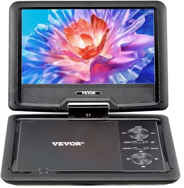 VEVOR Lettore DVD Portatile con Schermo Girevole 256 mm, Lettore DVD da Viaggio con Altoparlante Doppio, Supporto Sincronizzazione TV/USB/Scheda SD/CD/DVD, Caricabatteria da Auto