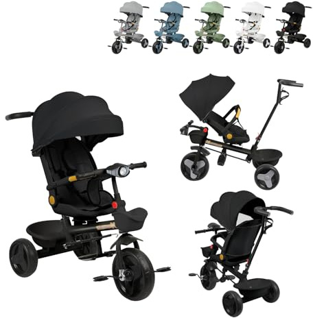 XUANYU Tricycle Bébé Evolutif de 12 Mois à 7 Ans (Maximum Recommandé 35 kg), Tricycles Enfant Évolutif avec Siège Réversible, Guidon et Parasol, Tricycle à Pousser pour Filles et Garçons (Noir)