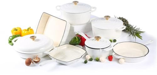 ASerZenith Set di Pentole E Casseruole in Ghisa Smaltata, Blu Cielo, 11 Pezzi(White-11 pc)