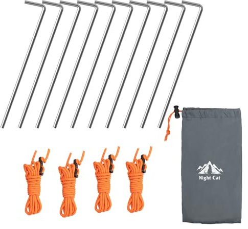 Night Cat Zeltheringe Heringe Abspannseile: 10 Stück Stakes Pegs Nails & 4 Stck Abspannseile Seil 8m & Tasche