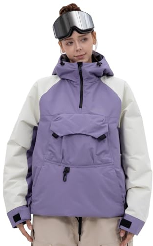 SNOWVERB Womens Snowboard Baggy Anorak Half-zipper Snow Jackets Camo Leopard Waterproof Mountain Ski Coats with Hood (US, Alpha, Medium, Regular, Regular, Purple/Off-white)