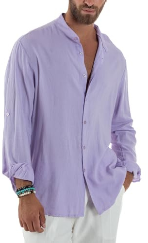 Giosal Camicia Uomo Lino Collo Coreano Maniche Lunghe Casual Regular Fit Basic Tinta Unita Vari Colori