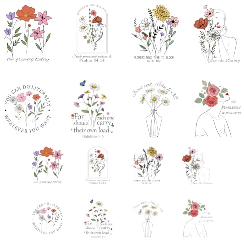 ANATTASOUL 16Pcs Bügelbilder für Textilien Blumen- Und Linienzeichnung Bügelbilder Erwachsene 6.5 x 8 CM/18 x 22 CM Schnell & Einfach DIY Sticker zum Aufbügeln für Kleidung, Hosen, Hüte, Taschen