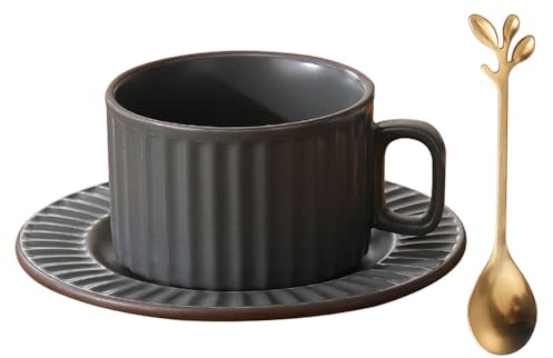 All-Pie keramiska cappuccinokoppar med fat och sked, kaffe, tekopp – 250 ml/8,5 uns, matt retro (grå)