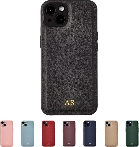Personalised Case For iPhone Models: 16, 16e, 15, 14, 13, 12, 11, SE 2020 / 2023 8 7 Pro Max Plus Mini, Custom Phone Case Cover in Vegan Leather, Gold Embossed Initials or Name With Camera Protection