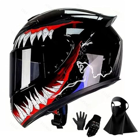 Casco Integral de Motocicleta 2025 con Visera Solar Negra para Adultos, Casco de Moto de Carreras de Calle con Guantes Y MáScara, Aprobado por El Dot
