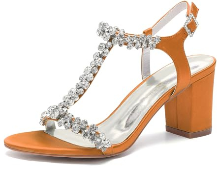 KYEGLO Scarpe da Cerimonia da Donna in Raso con Punta Aperta E Strass, Cinturino con Fibbia alla Caviglia, Punta Arrotondata, Tacco Basso, Ideali per Matrimoni E Balli di Fine Anno,Arancia,42