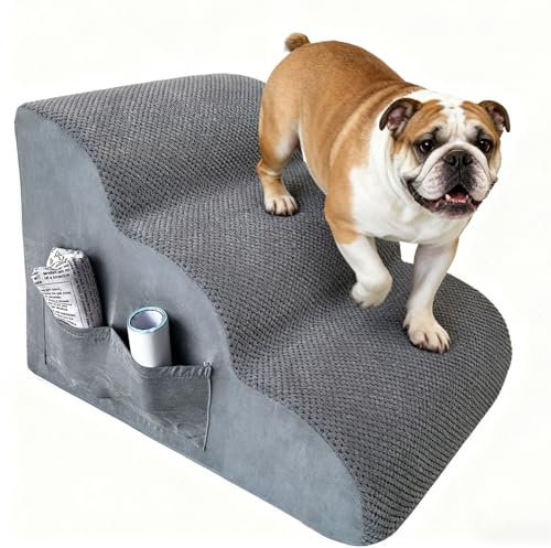 3-stufige Hundetreppe für Bett, hochdichte Schaumstoff-Haustiertreppe mit 2 Aufbewahrungstaschen & Tragegriff, rutschfeste Abdeckung, Haustiertreppe für kleine/mittelgroße Hunde, Grau