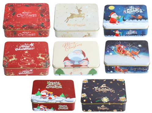 Kellegour 8 pezzi Scatole di Latta Natalizia,Scatole di Latta Vuota per Biscotti,Barattolo Biscotti Natale con Coperchio a Forma di Rettangolari,per Caramelle,Piccoli Oggetti,Festa di Regali