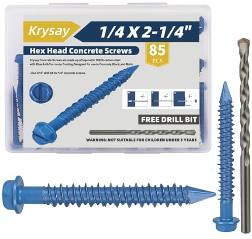 Krysay 85Pcs 1/4 x 2-1/4 in Concrete Screws with Drill bits,Masonry Screws for Concrete Assortment Kit,Hex Head Block Cement Stacoo Screws and Anchors,Diamond Point,Blue Coated(2LB)