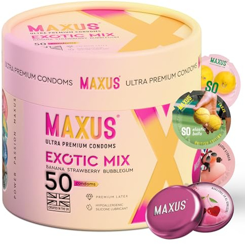 MAXUS Exotic Mix, 50 Lubricated Condoms for Men: Flavoured & Coloured, Regular Fit, Natural Latex, Easy-On Shape, Premium Quality, Includes Stylish Metal Case, Pack of 50