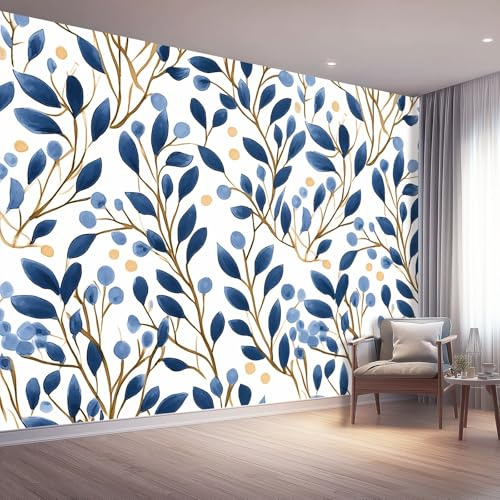 Papel Pintado 300 x 210 cm Fotomurales Azul marino Papel pintado panorámico decorativo apto para armarios de habitaciones Bohemio Hojas De Olivo Papel pintado tejido no tejido