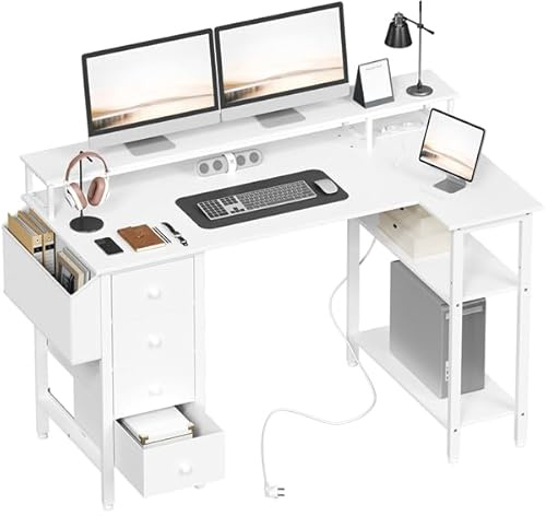 Yaheetech Schreibtisch mit 4 Schubladen & 2 Regalen, 120x68 cm Eckschreibtisch mit Monitorständer, L Form mit USB & Steckdose, Wendbarer Gaming Tisch für Büro, Arbeitszimmer, Schlafzimmer, Weiß
