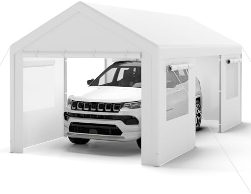 COSTWAY Zeltgarage Carport, 586 x 305 cm Garagenzelt Winterfest, Lagerzelt mit abnehmbaren Seitenwänden, Rolltüren & belüfteten Fenstern, Weidezelt Unterstand für Auto, SUV, LKW, PKW (Weiß)