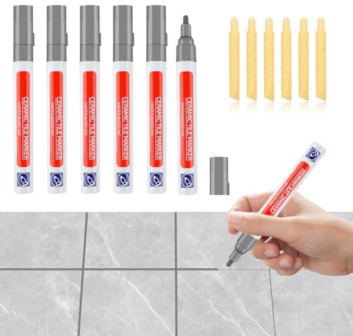 6 Pieza Rotulador Juntas Azulejos Gris con Cabezal Repuesto Impermeable | Lápiz Juntas Bolígrafo Azulejos Tile grout Pen Lechada Pared Rotulador Reparador Laca Restauración para Piso Baños Cocina