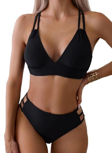 Yutdeng Bañador Dos Piezas Mujer Braga Alta Bikini Push Up con Aros Bikinis Reductor Barriga Talle Alto Vientre Plano con Pliegue Traje De Baño Mujer 2 Piezas Ropa de Baño Biquini,Negro,L