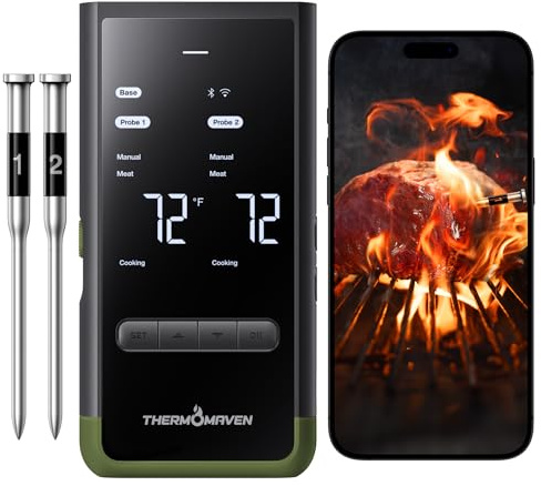 ThermoMaven Smart Bluetooth Wireless Meat Thermometer with Standalone Base, 6 Sensors with NIST Certified Accuracy, Long Range WIFI Stability, 2 Probes for Grill, Smoker, Oven, BBQ, Avocado Green