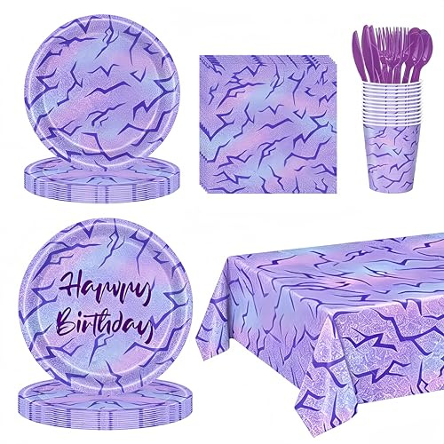 k p op Purple Hunters Birthday Decorations ableware for 24 Guests | Music Theme Party Decorations . Includ purple Light Holographic Laser tablecloth . plates .cups . napkins sets