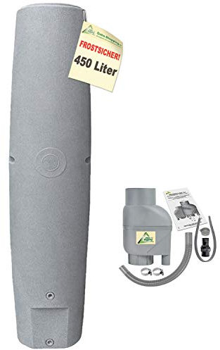 Regentonne, Regenwassertonne, Regenfass, Säule - das schlanke Regen-Wasser-Fass! Kompakt und praktisch mit viel Volumen auf Kleinster Stellfläche (Granit-grau 450l mit Regenfilter T33 Grau)
