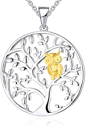 JO WISDOM Damen Kette Baum des Leben Eule Silber 925 Halskette Anhänger mit gelb vergoldet,Schmuck für Frauen
