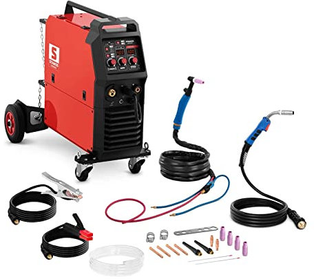 Stamos Germany 4-in-1 Kombi-Schweißgerät FCAW-, MIG/MAG-, WIG-Liftarc- und MMA-Schweißen mit bis zu 300 A 60% Duty Cycle 2T/4T Arc Force Anti-Stick 2 LED-Anzeigen Multischweißgerät