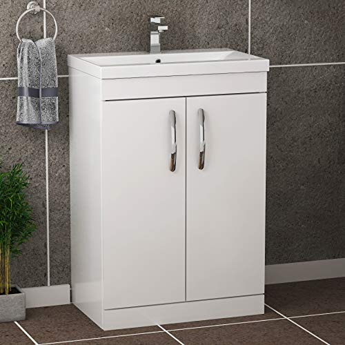Turin 800mm Floor Mounted Bathroom Furniture Vanity Unit Gloss White 2 Door with Mid Edge Sink Basin
