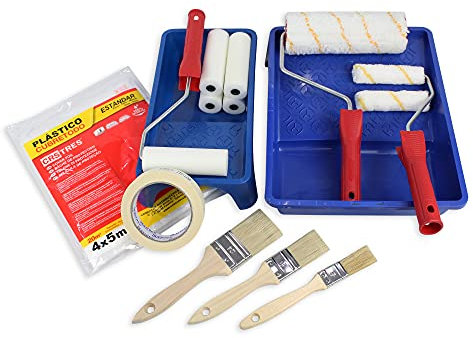 Maxi Set – Kit rulli di pittura anti-goccia + mini rulli di schiuma + kit di pennelli piatti + copertura 20 m² + vaschetta grande e piccola + nastro da pittore.