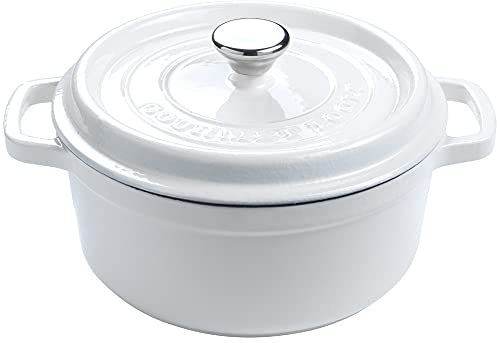 Four hollandais en fonte émaillée antiadhésive 24 cm/ 3,6 litres 6/4 convives Cocotte avec couvercle rond pour cuisiner avec les saveurs et les nutriments traditionnels -Blanc. Gourmet Tools