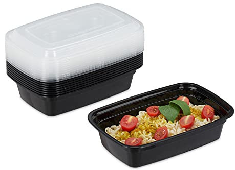 Relaxdays Meal Prep, 10er Set, 1 Fach, 1000 ml, mikrowellengeeignet, auslaufsicher, Food-Box, Kunststoff, schwarz