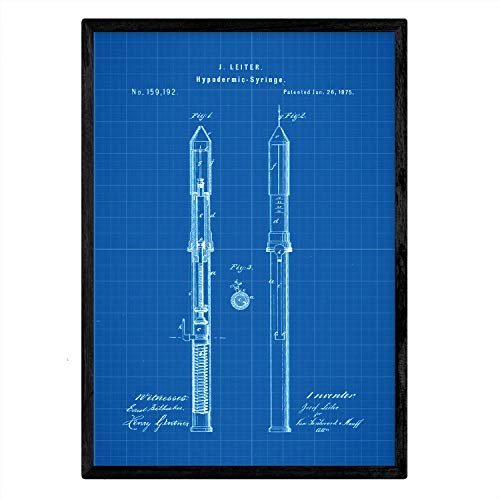 Nacnic Poster con marco con patente de Jeringuilla. Lámina con diseño de patente antigua en tamaño A3 y con fondo azul Con marco