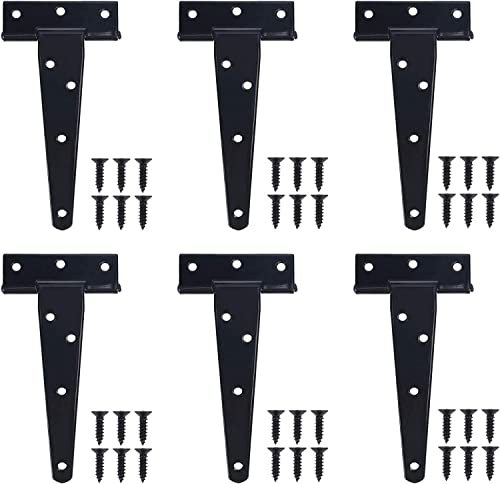 FINDIR 6psc T-Scharnier Schwarz Dreieck Scharniere Türscharnier Schwerlast Scharniere 5 Zoll Kreuzgehänge Gartentorband Torscharnier mit 36 pcs Schrauben für Gartentore Scheunentore Schuppentore