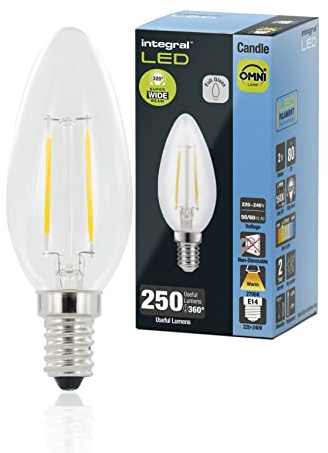 Integral LED 4 PACK E14 Omni-filament Chaud 2700K, 250LM, 2W (équivalent à 25W) Ampoule bougie non dimmable - Efficace en énergie et idéale pour les lampes et lustres dans les salons