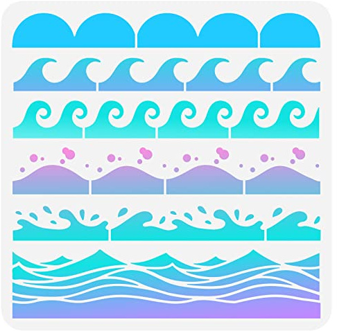 FINGERINSPIRE Meereswellen Schablone 30x30cm Jakobsmuschel Rand Malschablone Kunststoff 6 Stile Wellen Und Jakobsmuschel Bordürenmuster Schablonen Auf Holz, Boden, Wand, Stoff, Heimdekoration