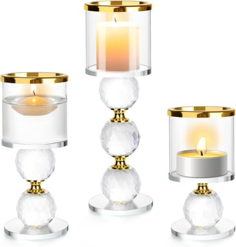 ERWEY Ljusstakar set om 3 kristallljushållare blockljus glas ljus stativ modern ljushållare stavljus värmeljushållare för bröllop vardagsrum bordsdekoration festdekoration (3 stycken, guld)