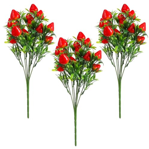 VILLCASE Künstliche Erdbeerzweige 3Er Set Realistischer Erdbeerpflanzenstrauß Dekoration Für Haus Party DIY Wohnaccessoires Festliche Blumenstrauß Zubehör