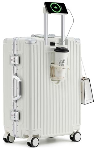lesulety Hard Shell Suitcase Cabin Size Cheap Cabin Luggage Suitcase Medium 4 Wheels Lightweight with USB Charger Cup Holder zipperless Luggage,White,20in