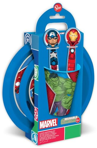 Tataway Ensemble alimentaire Marvel en plastique rouge et bleu Avengers Hulk Iron Man Captain America Thor, assiettes, gobelet et couverts