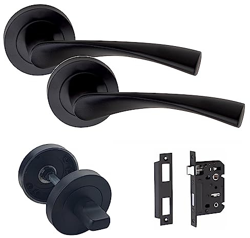 Golden Grace Astrid Bathroom Door Handles, Matt Black Finish, Bathroom Set | Supplied with a pair of handles, spindles, screws, and a 64mm bathroom mortise lock with a convenient thumbturn.