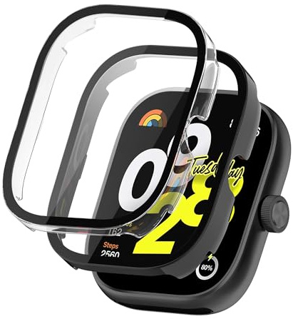 NEWZEROL 2 Piezas Fundas Protectoras Compatibles para Xiaomi Redmi Watch 4, Marco Protector de PC + Funda Protectora de Pantalla de Vidrio Templado para Xiaomi Redmi Watch 4 - Negro/Transparente