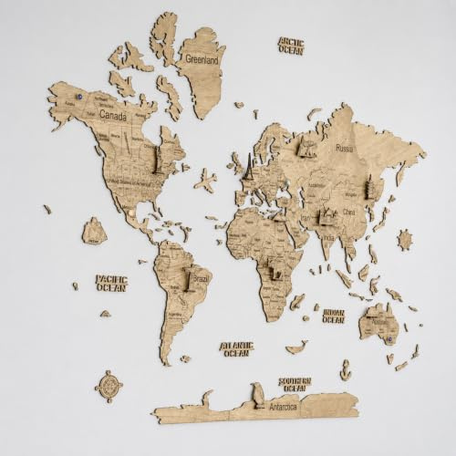Creatifwood Carte du Monde Murale en Bois 2D – Décoration Murale, Art Mural Voyage, Suivi de Voyages, Idée Cadeau pour Salon, Bureau ou Chambre – Light, 100 x 70 cm