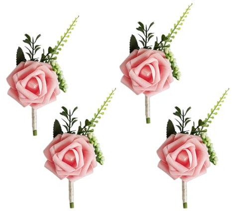 Wisafory 4 Stück Boutonniere Hochzeit Rose Brosche Corsage Ansteckblume Korsage Künstliche Blume Boutonniere Hochzeitsanstecker Zubehör für Braut Bräutigam Hochzeit Bankette Party Rosa