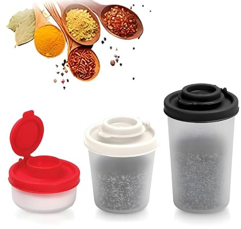 VireEyU Set di 3 saliere e pepiere da campeggio – Mini salini in plastica con coperchio ermetico, senza BPA, ideali per viaggi, campeggio e spostamenti, in rosso, bianco e nero