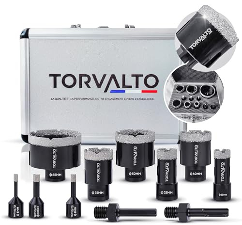 Kit forets diamant Professionnel TORVALTO 6/8/10/20/25/35/40/50/68 + 2 adaptateurs HEX/SDS inclus pour perceuse. Idéale pour Carrelage Porcelaine Marbre Granit. Scie cloche carrelage Robuste