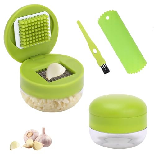 Foyucool Knoblauchpresse Set, 2 Knoblauchschneider, mit Silikon-Knoblauchschäler und Reinigungsbürste, Edelstahlklingen in Lebensmittelqualität, für Zerkleinerten Knoblauch, Ingwer und Obst