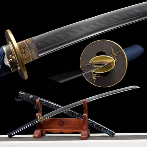 TIANTAO 103cm Handgefertigtes Katana,T10-Stahl Klinge,Handschützer aus reinem Kupfer,Naturholz-Schwertscheide,Echte Japanisches Samurai Schwerter für Cosplay,Kendo-Training,Sammeln,Koration,Halloween