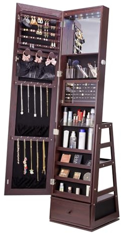 VEVOR Armoire à Bijoux avec Miroir, Organisateur de Bijoux sur Pied avec Rangement, Meuble de Rangement pour Bijoux Verrouillable, Pivotant à 360°, Doublure en Velours, Lumière LED, Maison, Marron