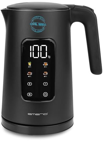 EMERIO Wasserkocher Edelstahl 1.7L | isolierte Doppelwand | Temperaturwahl 40-100°C in 5°C Schritten | Display mit vorprogrammierten Teesorten | BPA frei | 2200 W | Auto Off | Warmhalten | WK-132229