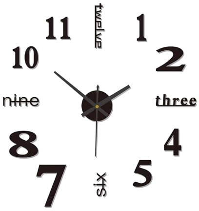 3D Klebe Wanduhr Groß 50CM, Wandtattoo Dekoration, Schwarz | Leise, Selbstklebend, DIY Mute Modern,,Dekorative Aufkleber für Wohnzimmer Küche Schlafzimmer Büro